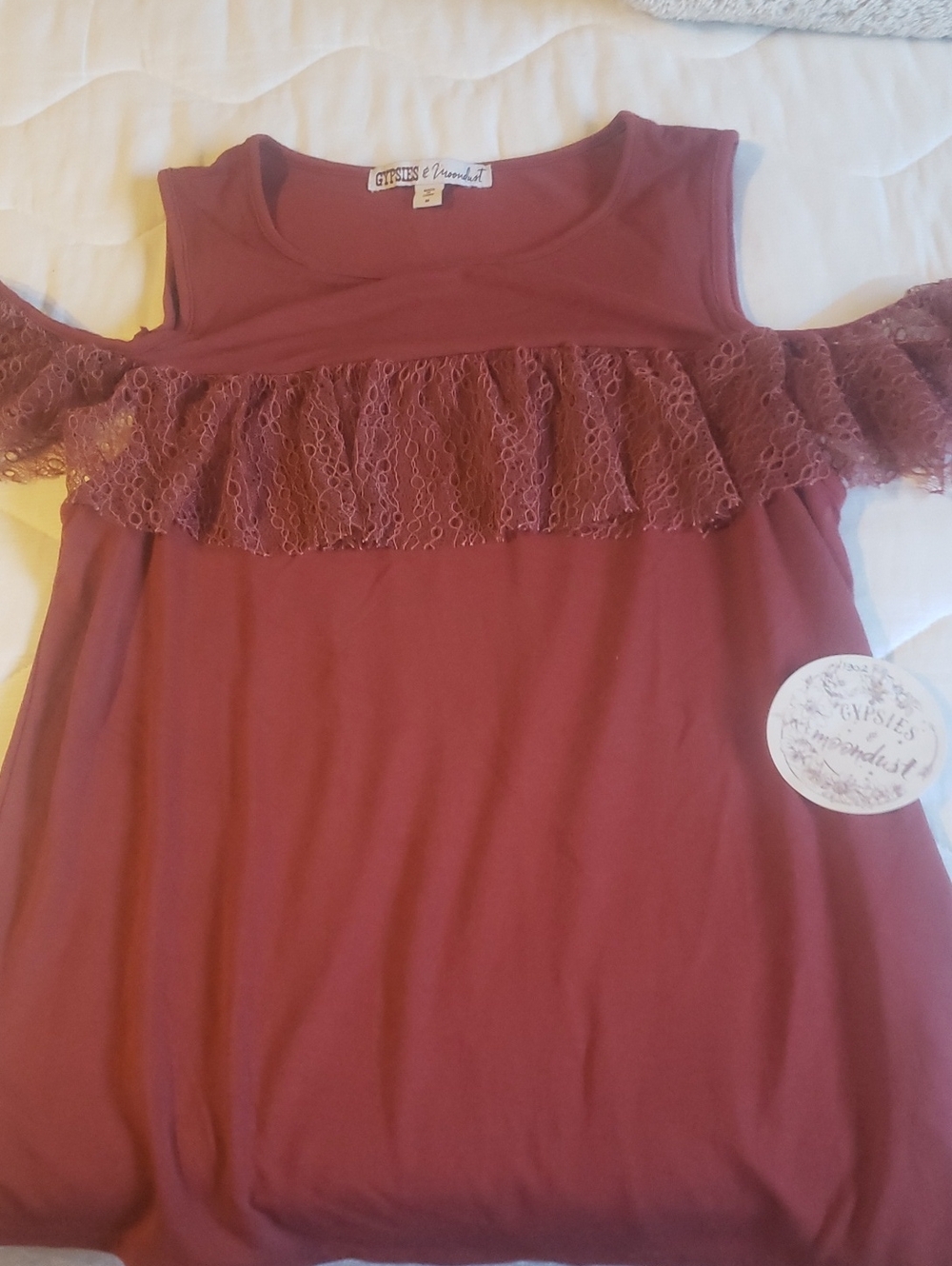 Gypsies & Moondust Burgundy Lace Ruffle Cold-Shoulder Tank